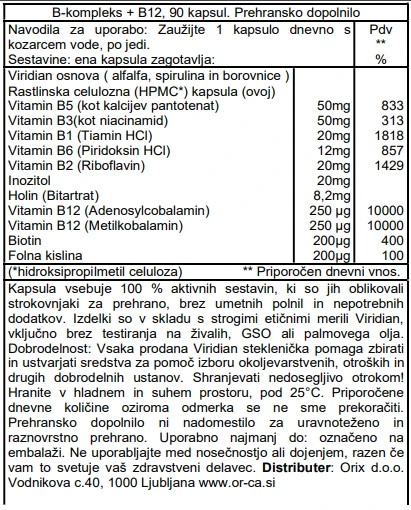 Viridian B kompleks + B12 (90 kapsul)