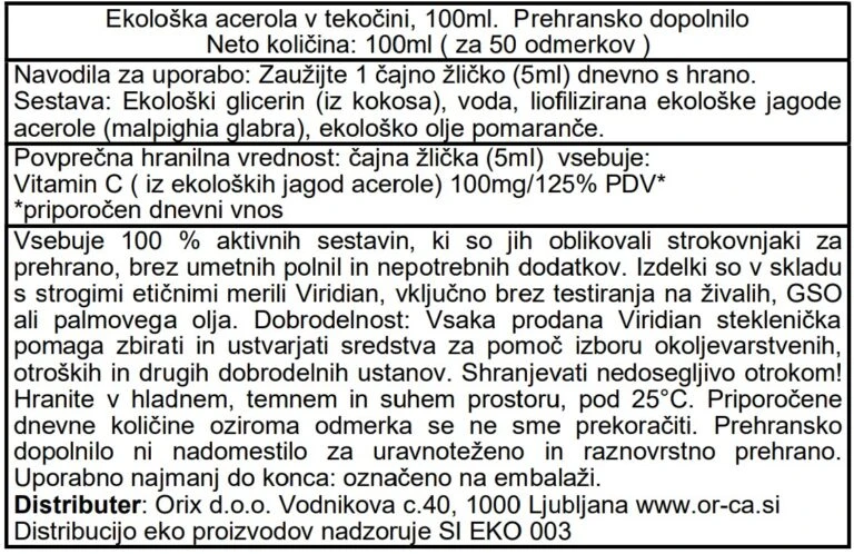 Viridian ekološka acerola tekoči vitamin C deklaracija