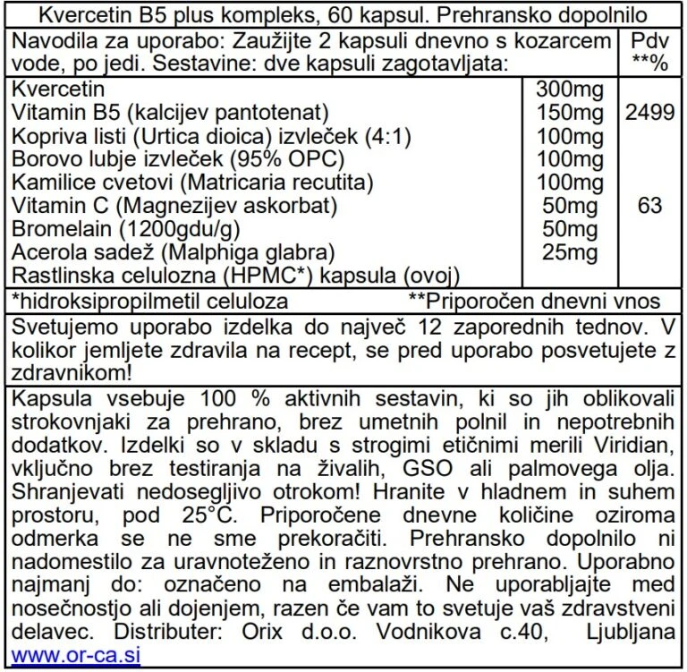 Viridian kvercetin B5 plus kompleks deklaracija